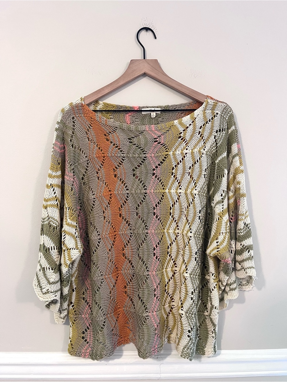 Easel Women’s Crochet Boat-neck Knit Sweater Size S Open-knit Boxy Boho Top